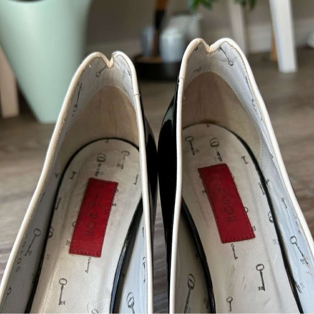 Hugo Boss Peep Toe Patent  Leather Black and White Trim Pumps - Picture 9 of 15